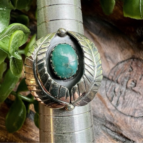 Size 8 Green Turquoise Sterling Silver Leaf Statement Ring 925 | Southwestern